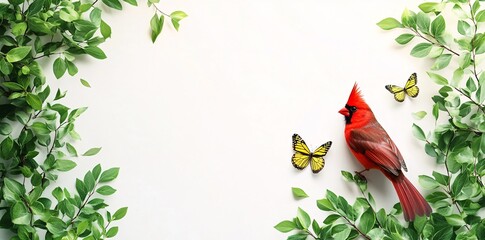 A red cardinal bird and a butterfly are nestled among lush green leaves and ferns, creating a scene of vibrant