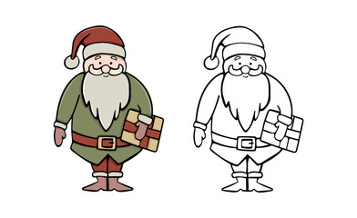 santa claus holding a gift box vector drawing for coloring