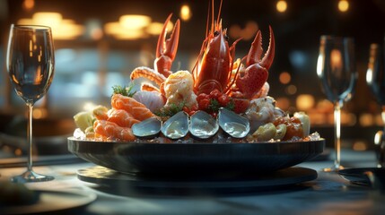 Elegant seafood platter in a high-end restaurant setting