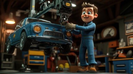 Fototapeta premium Cartoon Mechanic Character in 3D Garage Scene