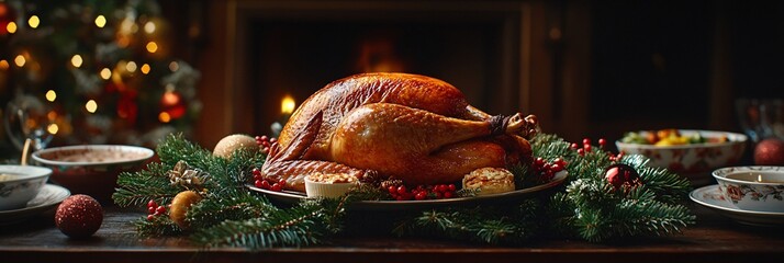 A perfectly roasted turkey served with an array of side dishes on a rustic table, capturing the essence of a festive and hearty holiday meal 