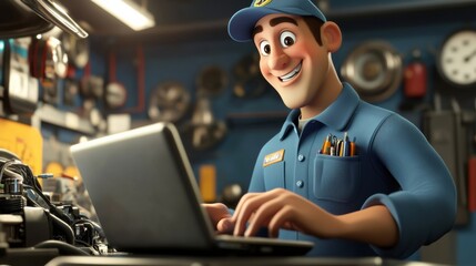 Cheerful Cartoon Mechanic Working on Laptop in Garage