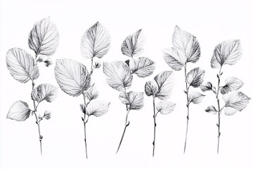 Detailed Pencil Drawing of Leaves - Botanical Illustration, Nature Art Print