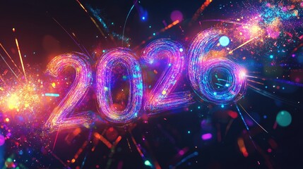 Neon Sign with Fireworks Background