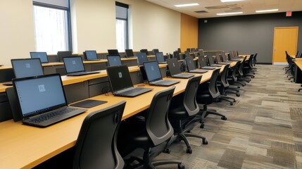 Modern Classroom with Row of Laptops and Desks