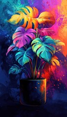 Vibrant monstera plant in colorful artistic watercolor splash