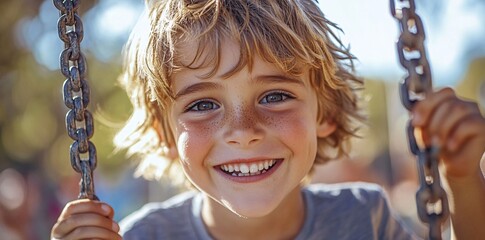 A young boy is laughing joyfully while swinging on an amusement park ride, capturing a carefree and joyous moment under the warm sunlight that radiates happiness