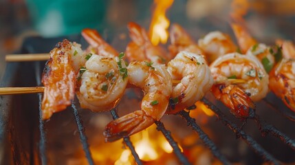 Close-up of grilled shrimp with garlic butter sauce on a skewer
