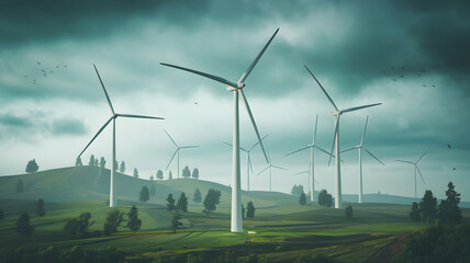 A scenic view of a wind farm with multiple wind turbines on landscape under a cloudy sky.