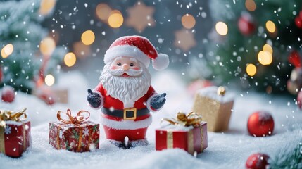 Obraz premium Santa Claus with Christmas Gifts in a Snowy Wonderland