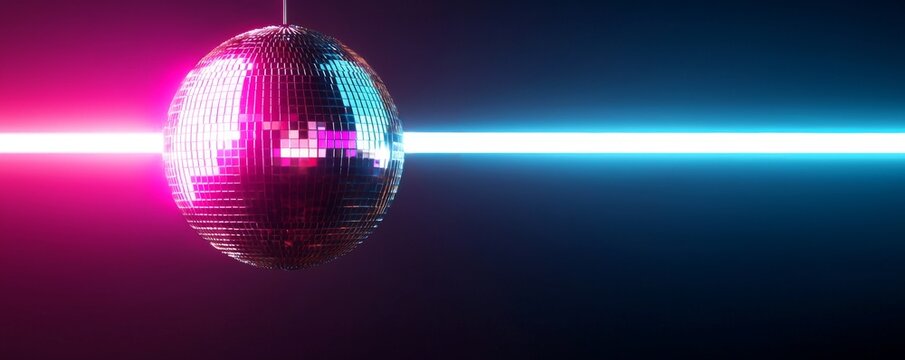 A vibrant disco ball reflects pink and blue neon lights against a dark background, creating a dynamic rotation and music festive atmosphere