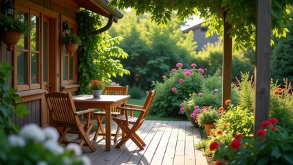 A patio with a wooden table and chairs, surrounded by flowers and plants