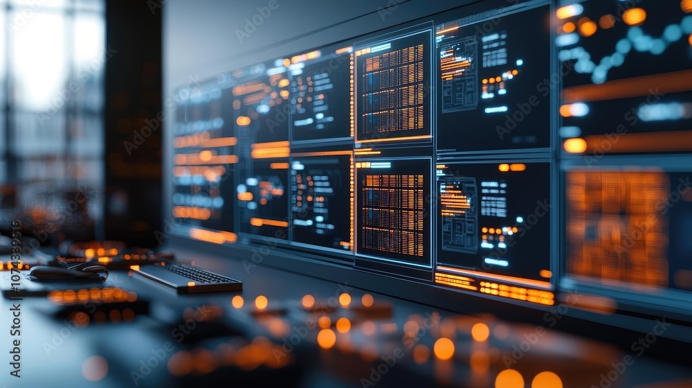 Fototapete futuristic control panel with screens displaying data and analytics.