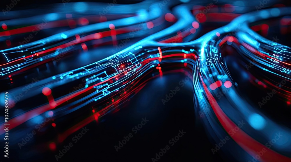 Poster abstract digital circuit design with glowing blue and red lights.