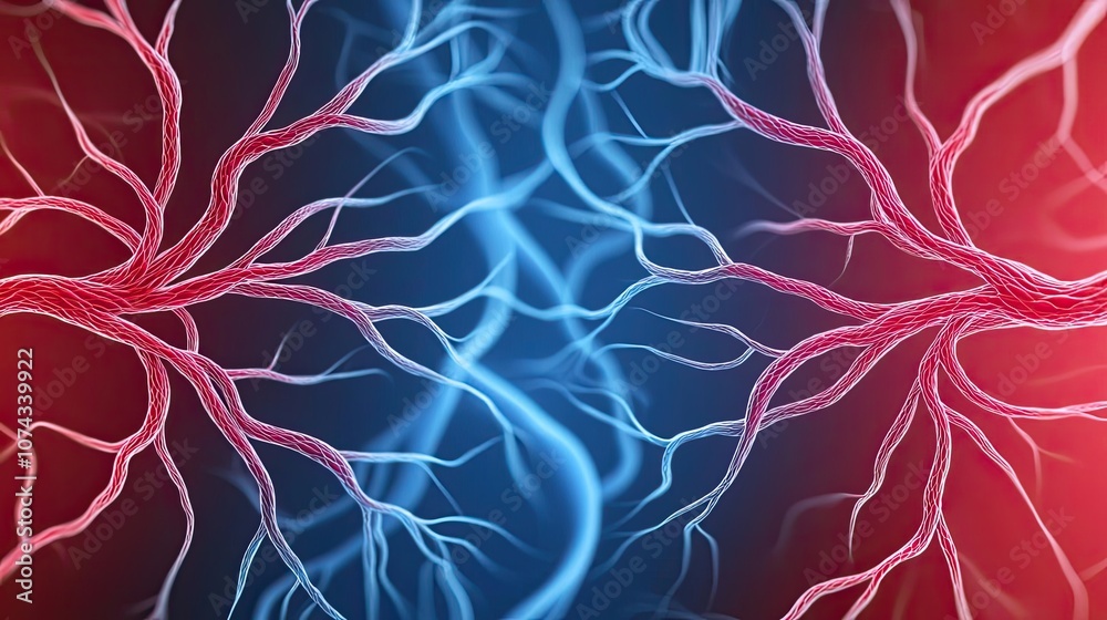 Poster abstract illustration of neural connections in red and blue colors on a dark background.