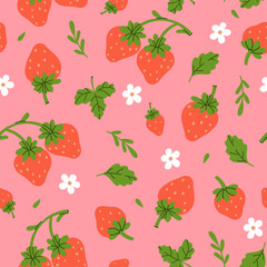 Seamless pattern with strawberries and leaves on a pink background. Vector graphics.