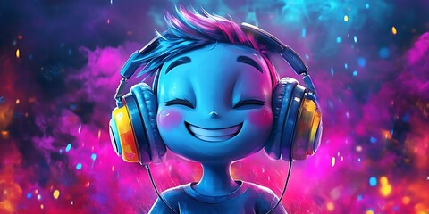 Smiling Blue Character with Headphones in a Colorful Background Illustration