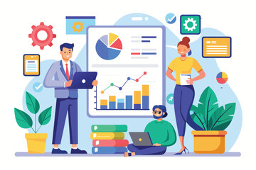 Employees discuss a business strategy report with charts while analyzing data on devices in an office, Employee report on business strategy to boss, illustrated in a flat format.