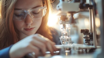 Naklejka premium A focused young woman works with laboratory equipment, wearing safety goggles in a scientific setting.
