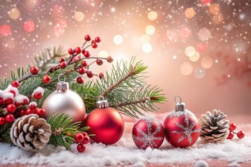 Festive Red and White Christmas Ornaments on Snow-Covered Branches with Pinecones and Berries Against a Soft Pink Background for Holiday Decor and Seasonal Celebrations