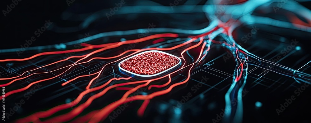 Poster abstract representation of neural connections with vibrant red and blue lights.