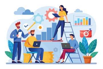Team members discuss company progress and strategies while utilizing laptops in a vibrant workspace, Employees update the boss on company progress, flat image.