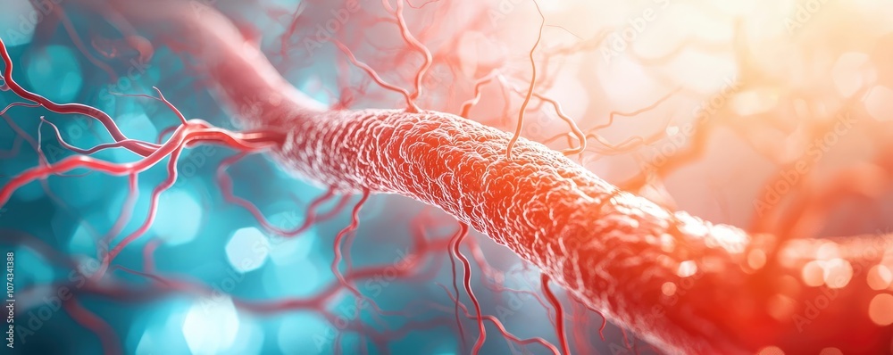 Poster Close-up view of a neuron structure with vibrant colors and abstract background.