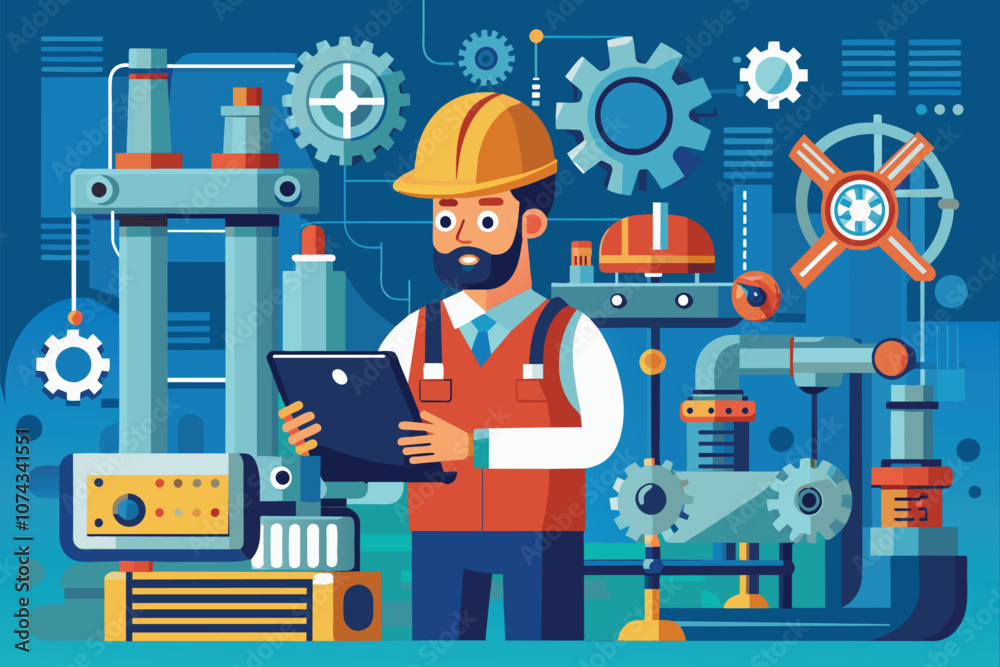 Poster an engineer uses a tablet to oversee machine performance and implement effective solutions in a work