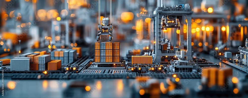 Poster high-tech warehouse with containers and cranes, vibrant lights reflecting efficiency.