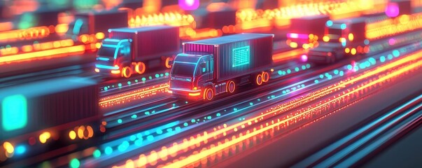 Obraz premium Colorful illuminated trucks on a busy highway at night, creating a vibrant scene.