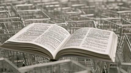 Unraveling Trade Regulations: Complexities of Navigating Trade Barriers Reflected in Open Book Surrounded by Empty Shopping Carts