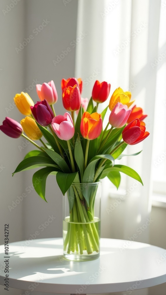 Poster A vase of tulips sits on a table in a room with a window
