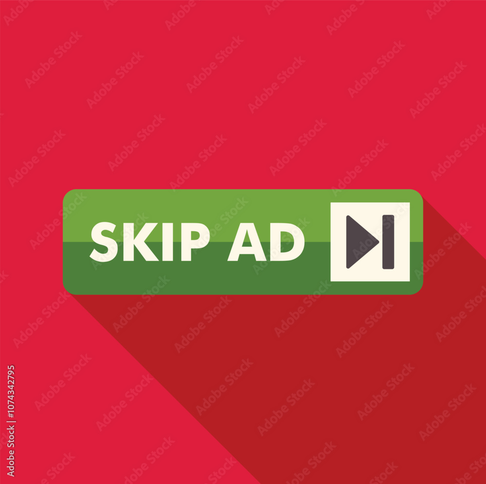 Poster green skip ad button with arrow icon, inviting users to skip advertisement on red background
