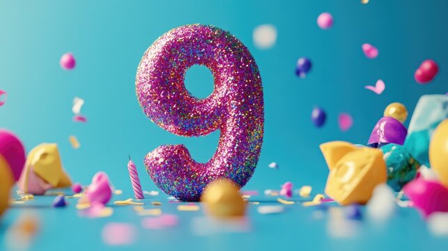 Number 9 with Confetti and Balloons