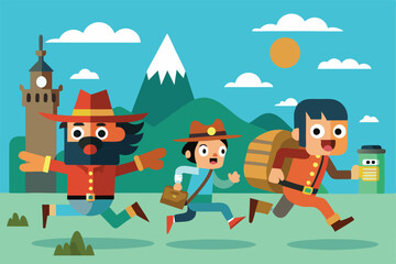 Three cartoon characters run energetically with backpacks, pursuing freedom in a vibrant mountain landscape, Escaping their country Customizable Cartoon Drawing