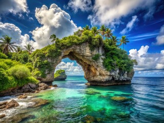 Obraz premium In Tonga's dreamlike landscape, a surreal rock arch emerges from the azure ocean, surrounded by vibrant beaches and tranquil waves, highlighting the island's unique coastal wonders.