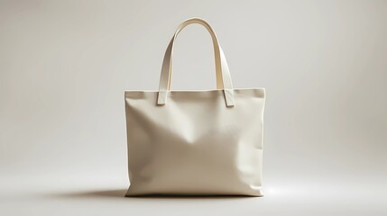 Mockup of a shopping bag with customizable print space, handles slightly angled, placed on a plain blue pastel background, soft natural shadow