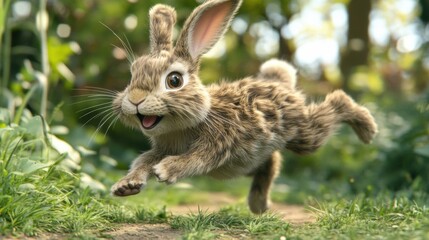 Fototapeta premium Playful Cartoon Rabbit with Long Ears Hopping in Nature