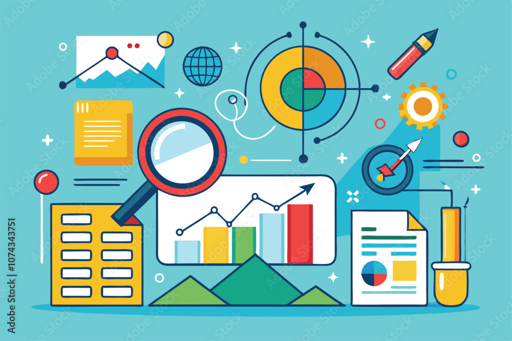 Poster a workspace features graphs and charts designed for examining visual data and insights effectively, 