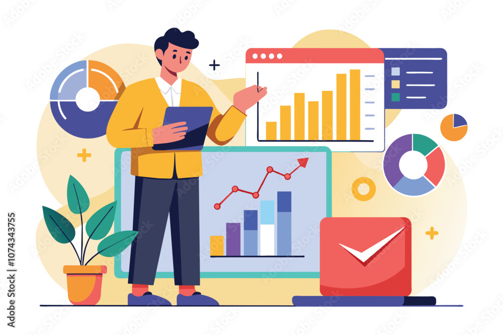 Poster a professional is reviewing marketing data graphs on a digital display while analyzing performance m
