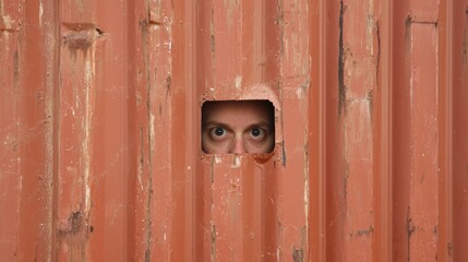Global Market Access Restricted: Person Peeking through Hole in Shipping Container Wall | Conceptual Limited Access to Markets Photo