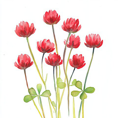 Obraz premium Watercolor Whimsical Red Clover Flowers Illustration