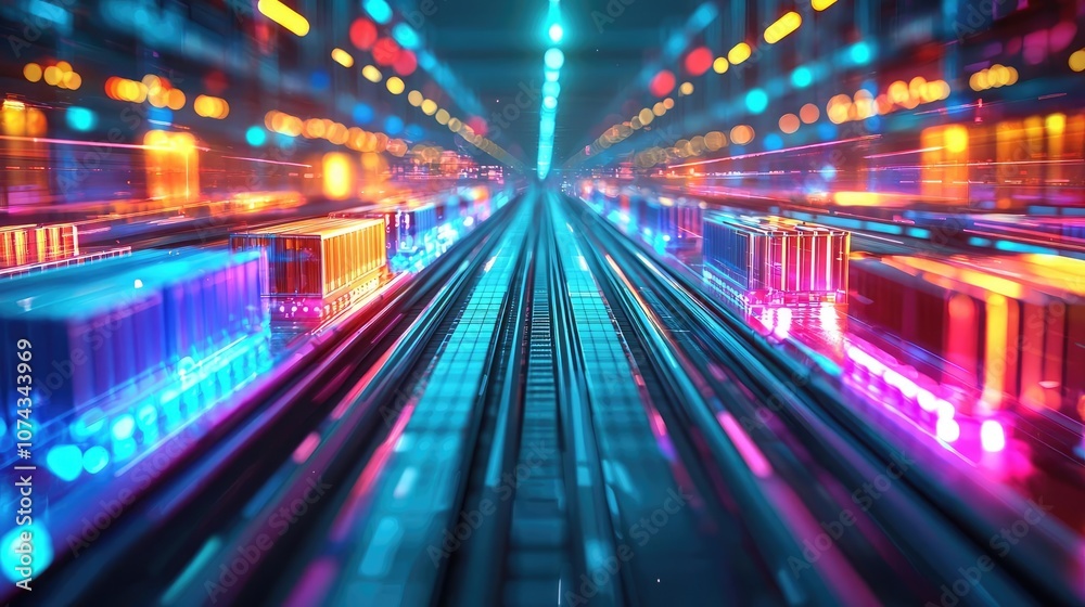 Poster colorful abstract view of a train track leading into the distance, motion blur.