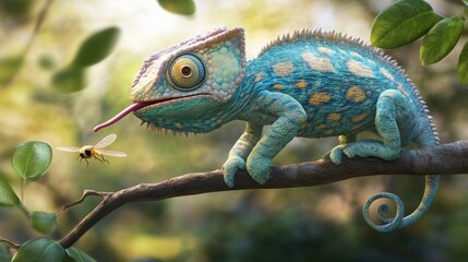Obraz premium Lively 3D Cartoon Chameleon Catching a Fly