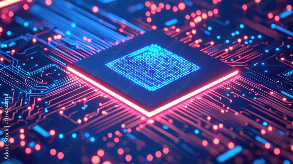 Poster close-up of a vibrant microchip on a circuit board, glowing with neon colors.
