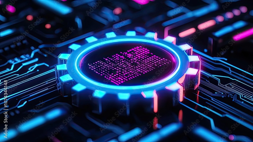 Poster futuristic digital circuit with glowing elements and vibrant colors.
