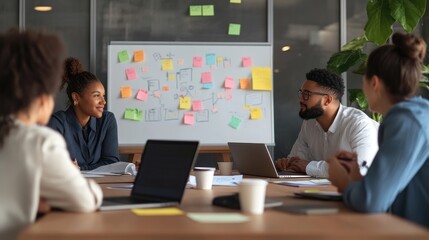 A team meeting with laptops and notes, discussing ideas on a whiteboard.