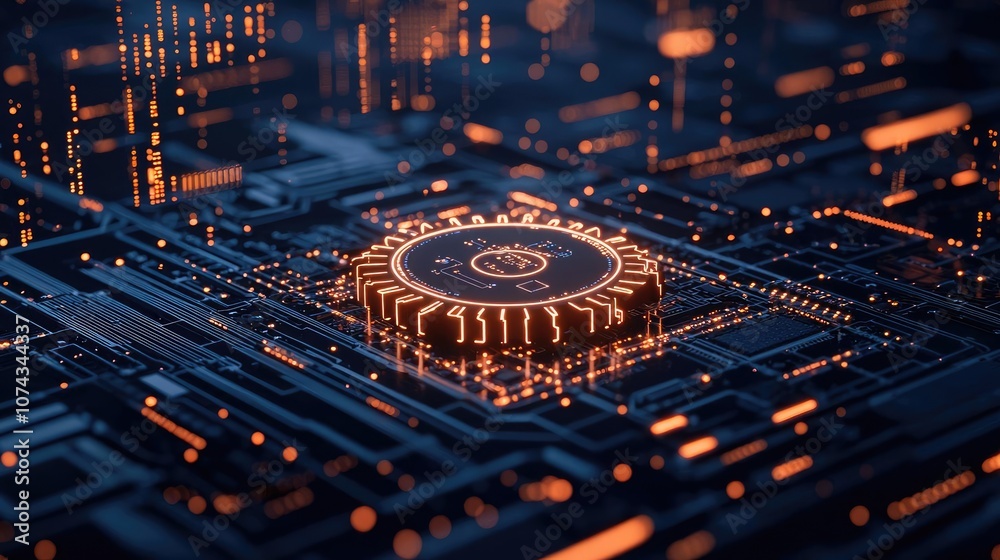 Aufkleber Abstract digital circuit board with glowing elements on a dark background.
