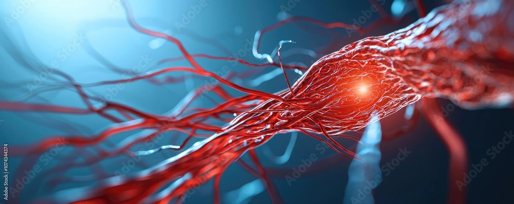 Poster Close-up of red neuron structure on a blue background, isolated view.