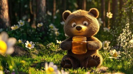 Cute 3D Cartoon Bear Holding Honey Jar in Nature